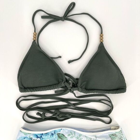 Aerie Ribbed Wrap Triangle High Waisted Full Coverage Bikini Set Green Medium - Picture 2 of 8